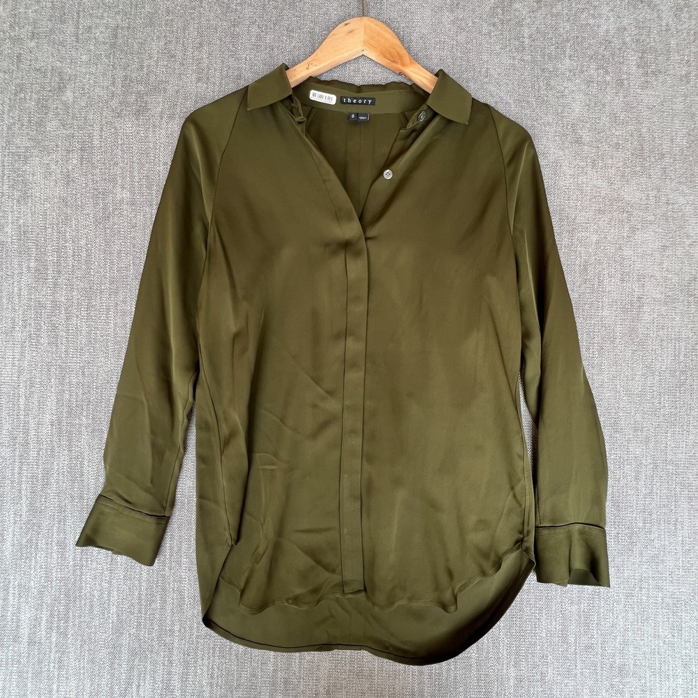 Theory Shirt Top Womens Small Olive Green Silk Collared Formal Career Button Up